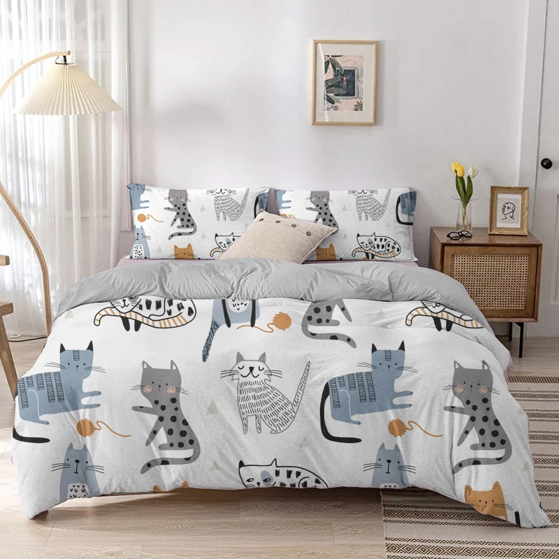 Linen Duvet Cover - การ์ตูนแมวผ้านวมชุดการ์ตูนพิมพ์สัตว์ชุดปลอกหมอน2/3Pcs ผ้าพันคอสำหรับห้องนอน decor