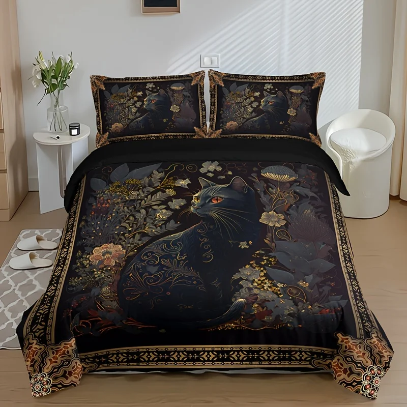 Linen Duvet Cover - ชุดผ้าปูที่นอนพิมพ์ลายดิจิตอล HD ลายดอกไม้ แมว และสัตว์ต่างๆ แฟชั่นระดับไฮเอนด์