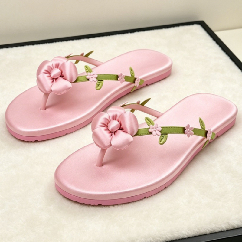 Luxury Lifestyle Store - แบรนด์หรูรองเท้าแตะผู้หญิงสีชมพูดอกไม้ตกแต่งซาตินรองเท้าแตะฤดูร้อนสบายรองเท้าดีไซน์เนอร์ชายหาดพื้นนุ่ม
