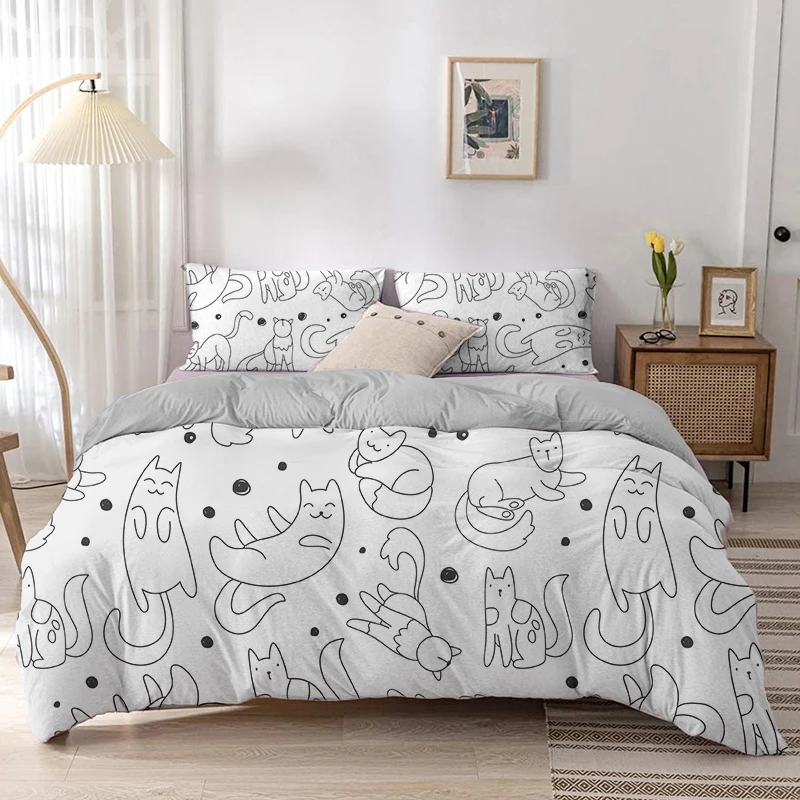 การ์ตูนแมวผ้านวมชุดการ์ตูนพิมพ - Linen Duvet Cover บทวิจารณ์และราคา